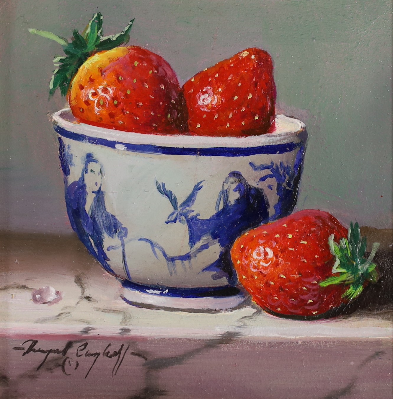 Raymond Campbell (b.1956), oil on panel, 'Strawberries with China Bowl' , signed, 10.5 x 10.5cm